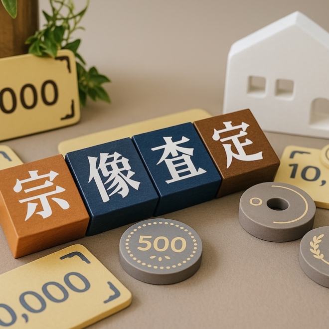 宗像市の不動産査定や適正価格の確認をイメージした、家の模型と査定金額を示すパーツが並ぶ写真