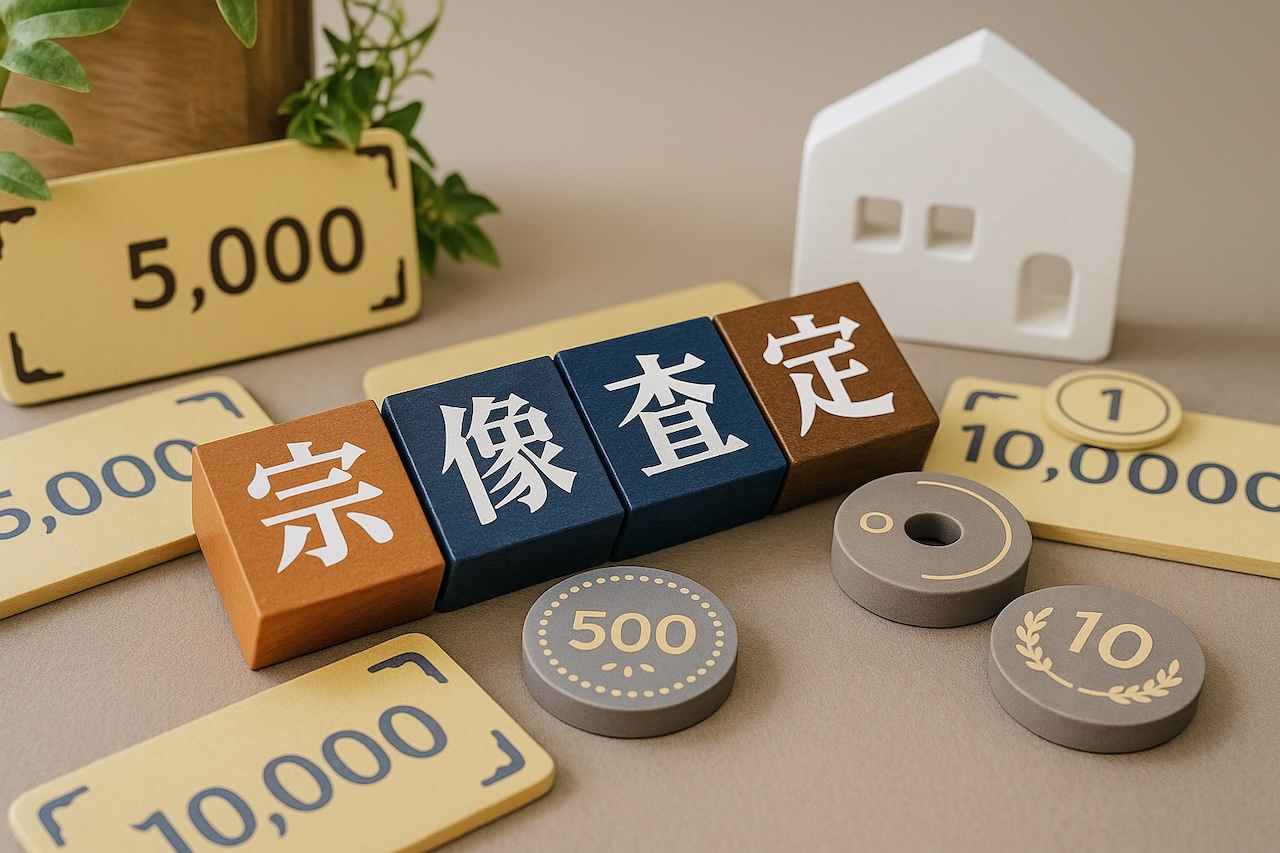 宗像市の不動産査定や適正価格の確認をイメージした、家の模型と査定金額を示すパーツが並ぶ写真