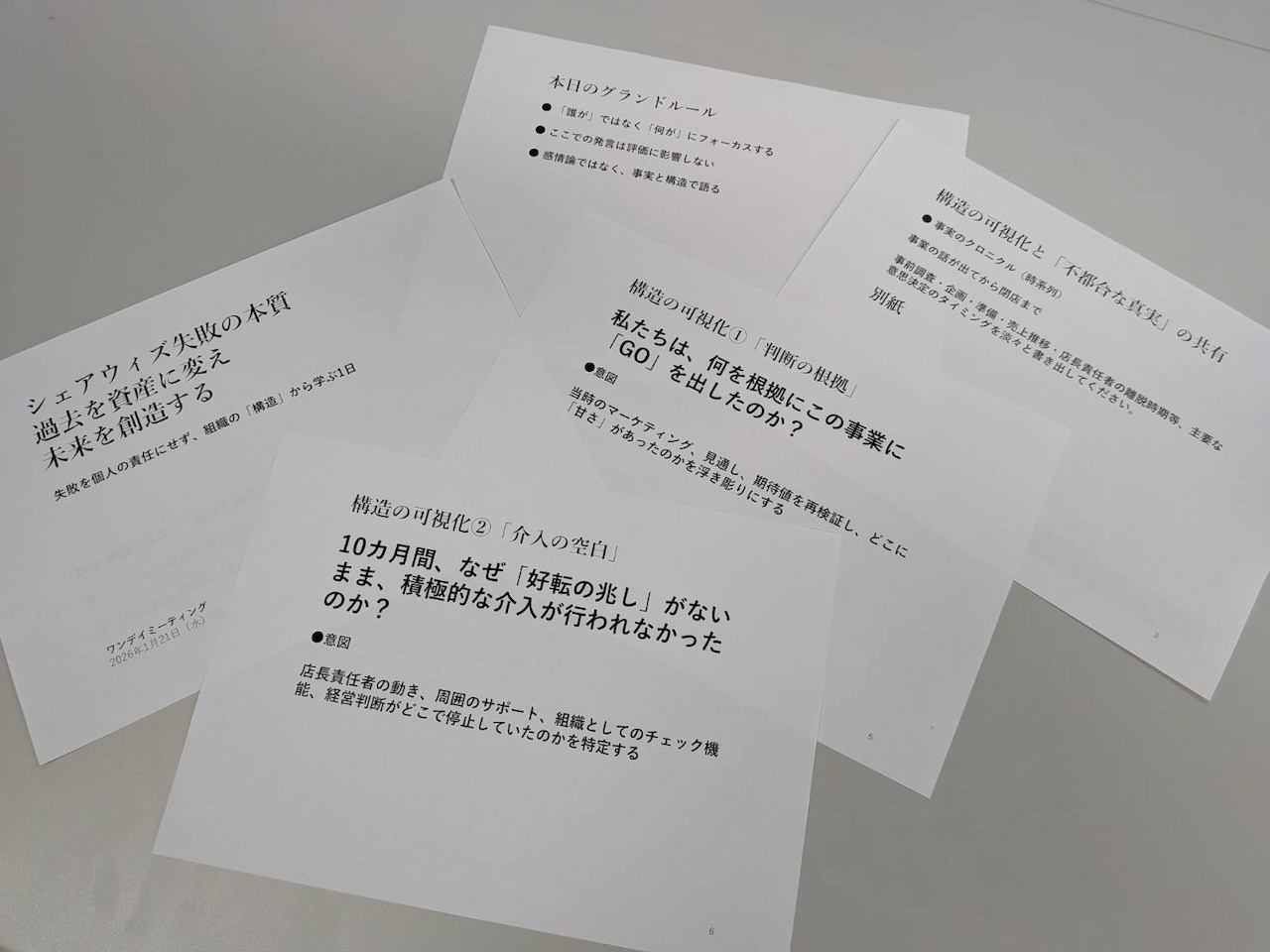One Day Meetingのセッション資料。「失敗の本質」「構造の可視化」などの投影資料が机に並ぶ(福岡県宗像市・株式会社くりえいと)