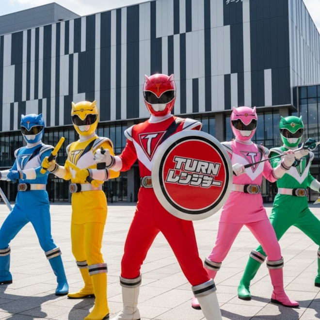 くりえいとの募集企画「ターンレンジャー」を象徴するヒーロー風ビジュアル。5色のスーツ姿が並ぶ