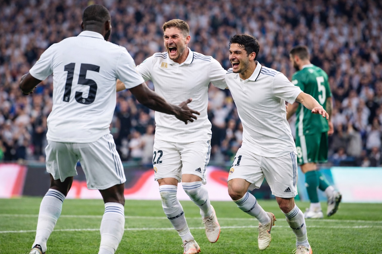 得点後に白いユニフォームの選手たちが肩を組んで歓喜するサッカーの試合風景