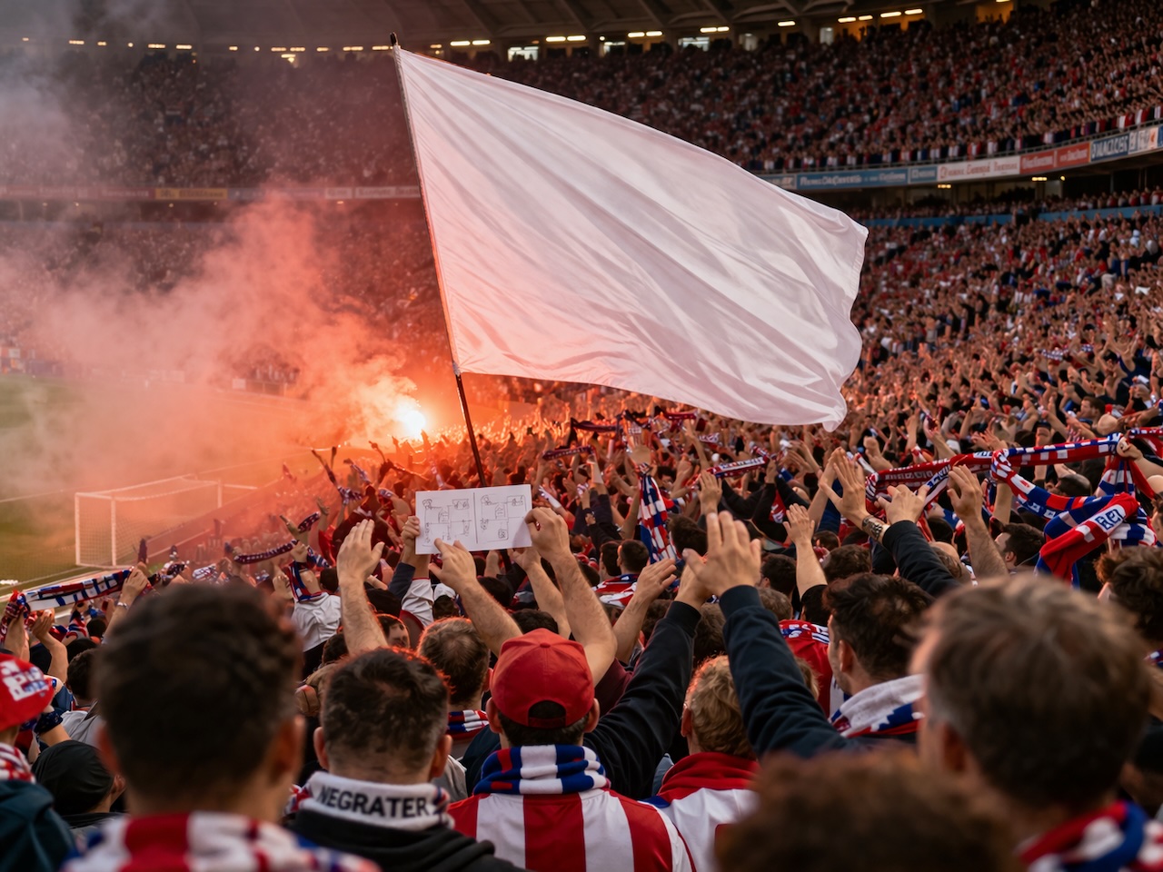 サッカースタジアムで白い大旗が掲げられ、発煙とともに熱狂するサポーターがゴール裏を埋め尽くす試合の雰囲気