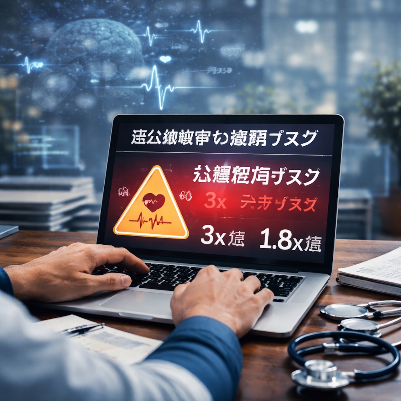 ノートパソコン上に心電図と警告表示が映し出され、医療リスクや健康データ解析を示唆するデジタルイメージ
