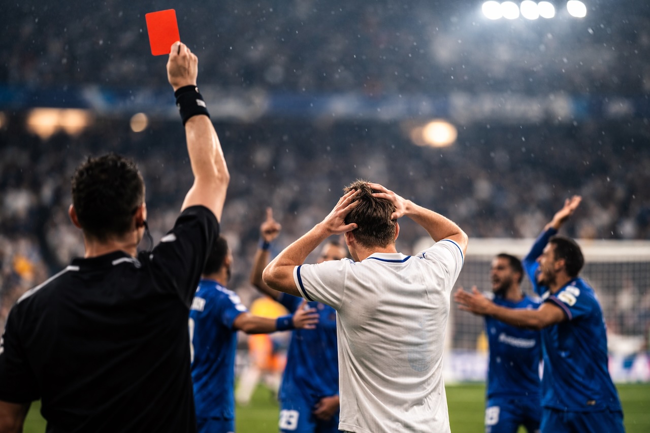 レッドカードが提示され選手が頭を抱える、雨のスタジアムでの緊迫した判定シーン