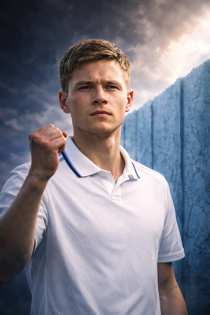 青い壁を背に拳を握る白いユニフォームの選手、試練に挑む決意を表すポートレート