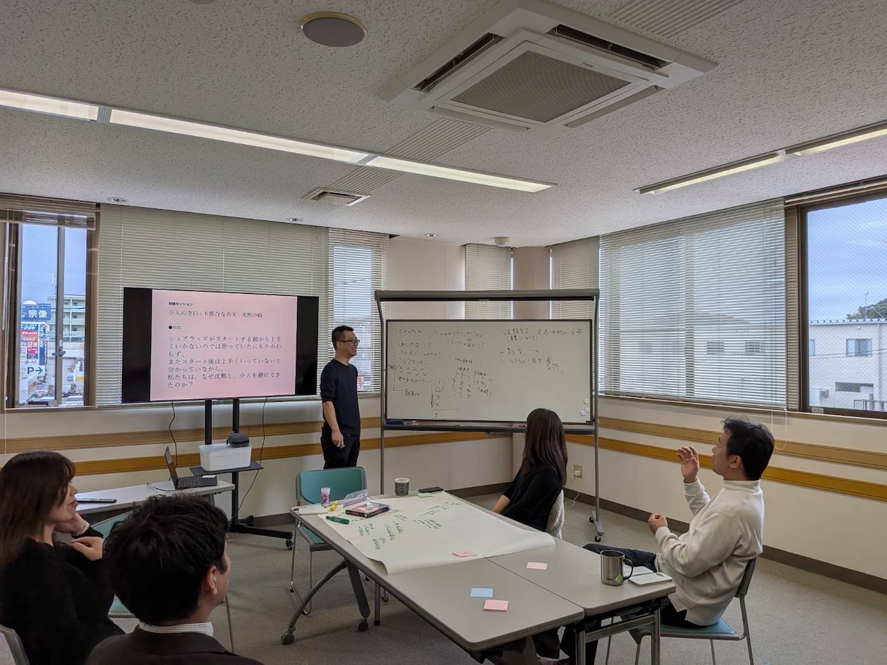 会議室でワンデイミーティングが行われ、参加者がスクリーンとホワイトボードを見ながら議論している様子