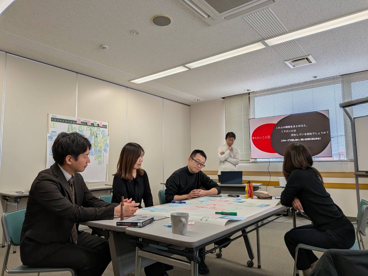 参加者が模造紙を囲みながら意見を書き込み、スクリーンに映された問いをもとに対話しているミーティング風景
