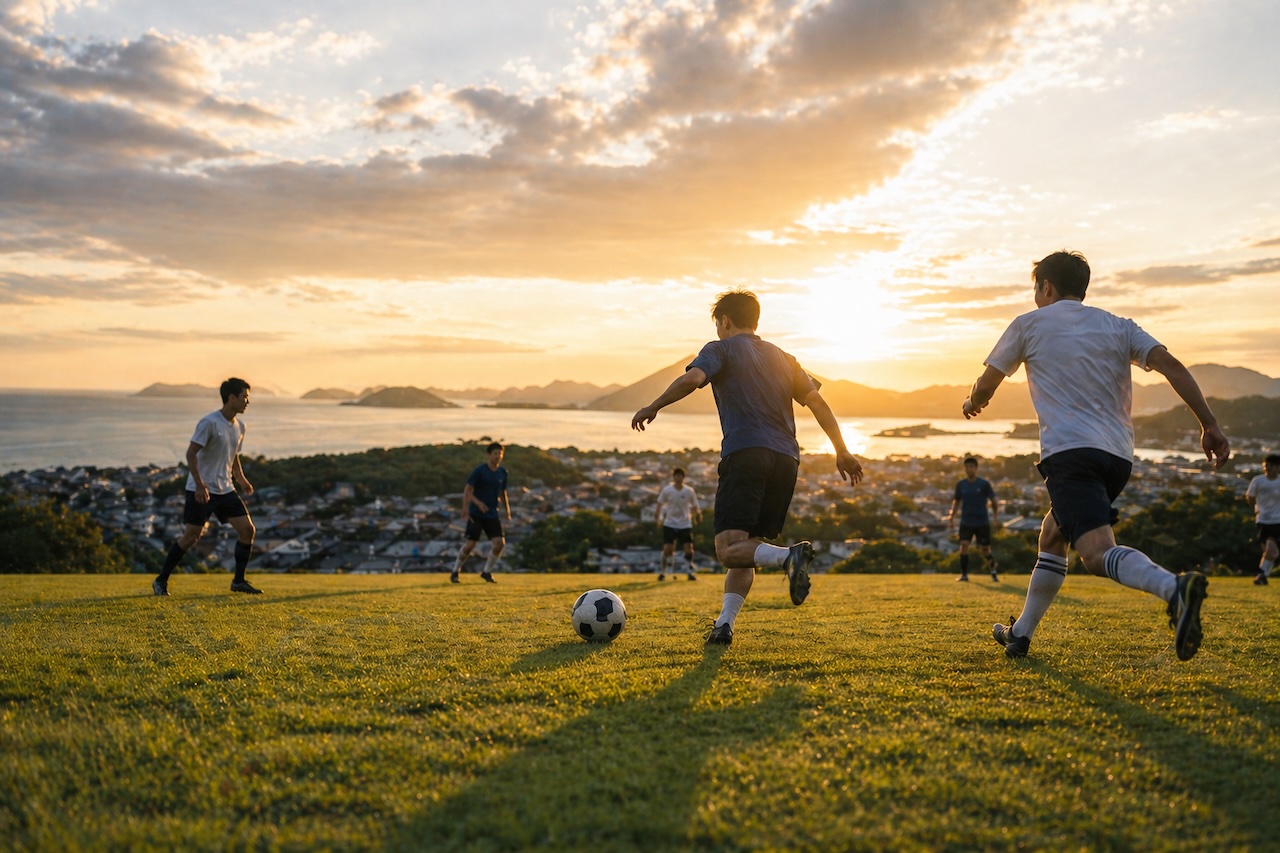 夕暮れの宗像の海を背景に、地域の若者たちがサッカーを楽しむ様子。スポーツを通じたコミュニティづくりのイメージ
