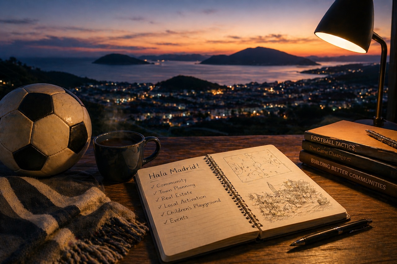 夕暮れの宗像の海を背景に、地域の若者たちがサッカーを楽しむ様子。スポーツを通じたコミュニティづくりのイメージ