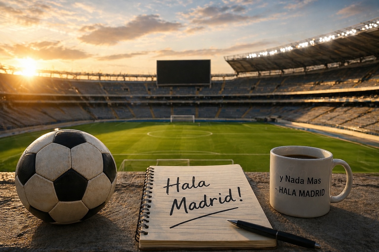 夕暮れのサッカースタジアムとボール、ノートに書かれたHala Madridの文字|試合観戦とコミュニティのイメージ