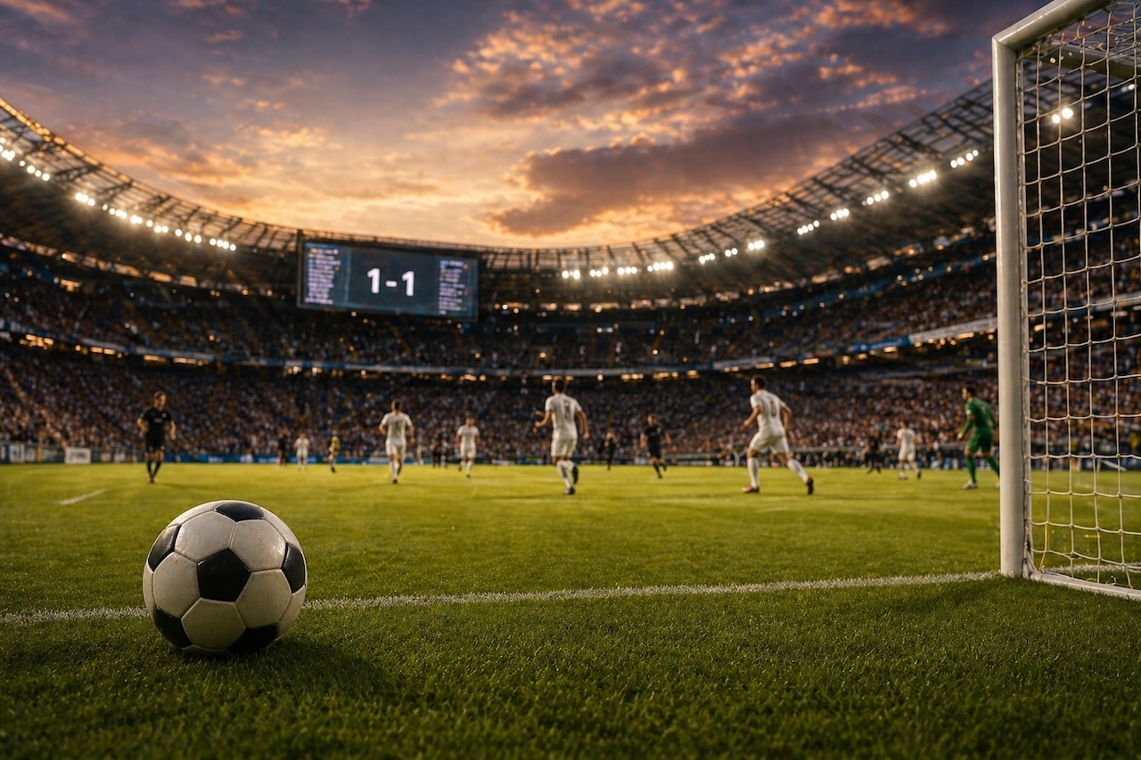 サッカーの試合中、ゴール前で展開される攻防と観客で埋まるスタジアム|1-1のスコアが表示された試合シーン