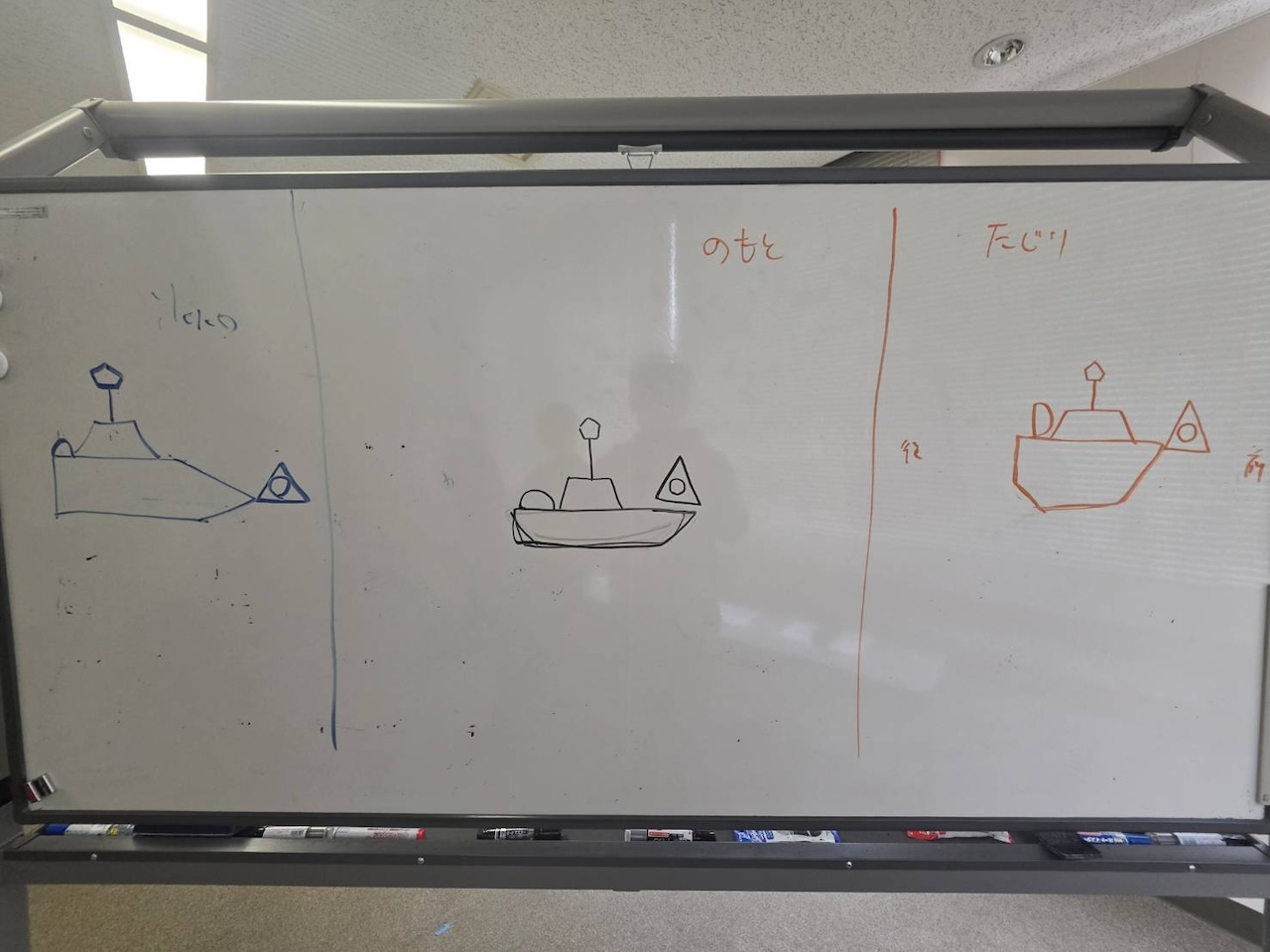 参加者ごとに描き分けられた図形の結果がホワイトボードに並んでいる様子