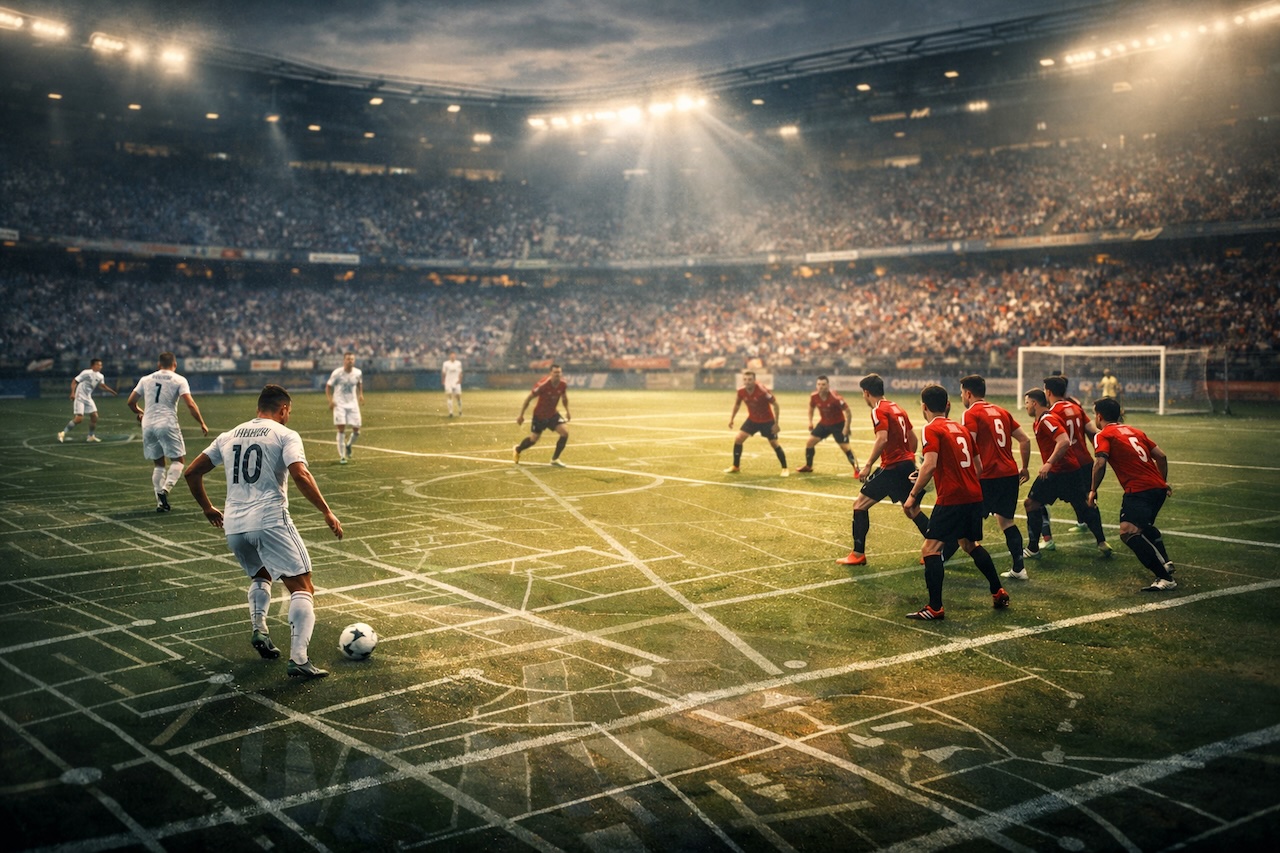 宗像のまちづくりを思わせるラインが重なるピッチで、白と赤のチームが対峙するサッカーのイメージ