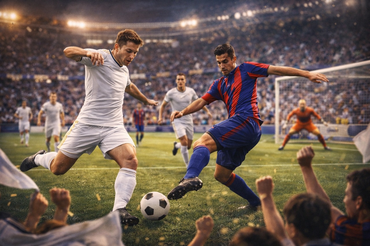 白いユニフォームの選手がディフェンダーをかわしゴール前でシュートを狙うサッカーの試合シーン