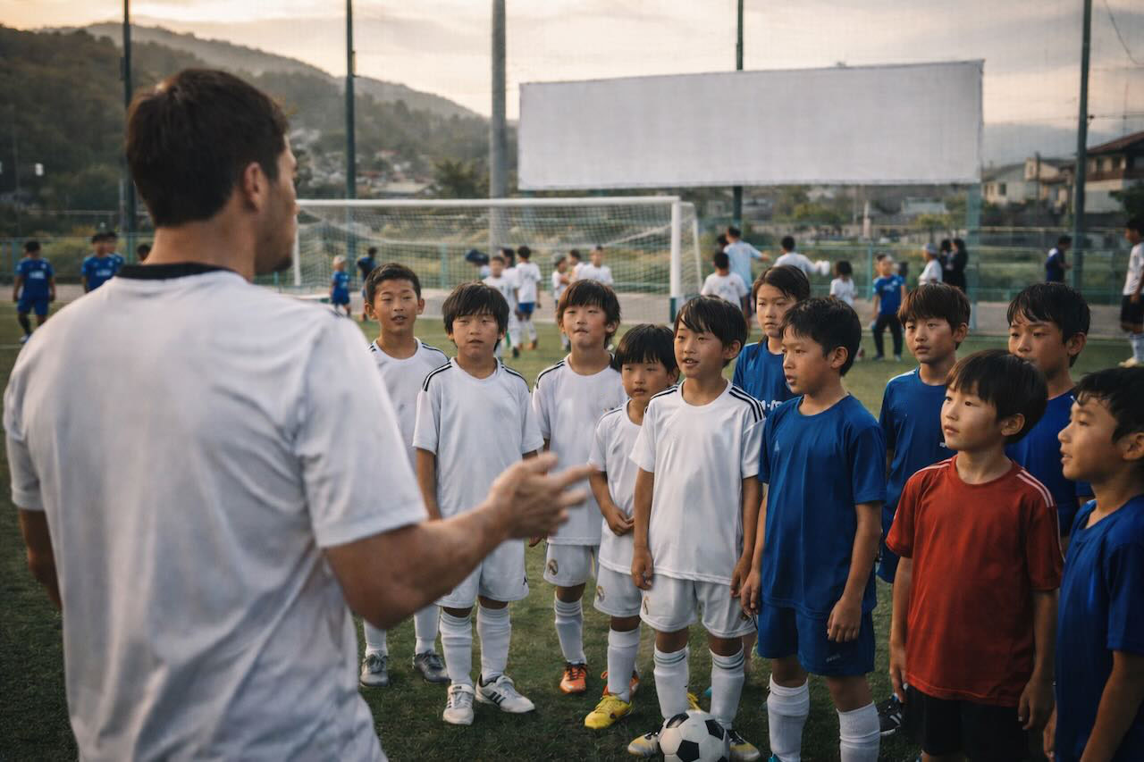 夕方のグラウンドで指導者の話を聞く子どもたちのサッカー練習風景