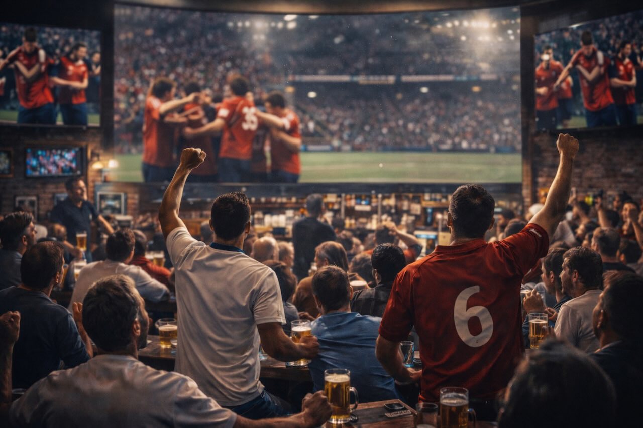 スポーツバーでサッカー中継を見守る観客たちの熱気ある観戦風景