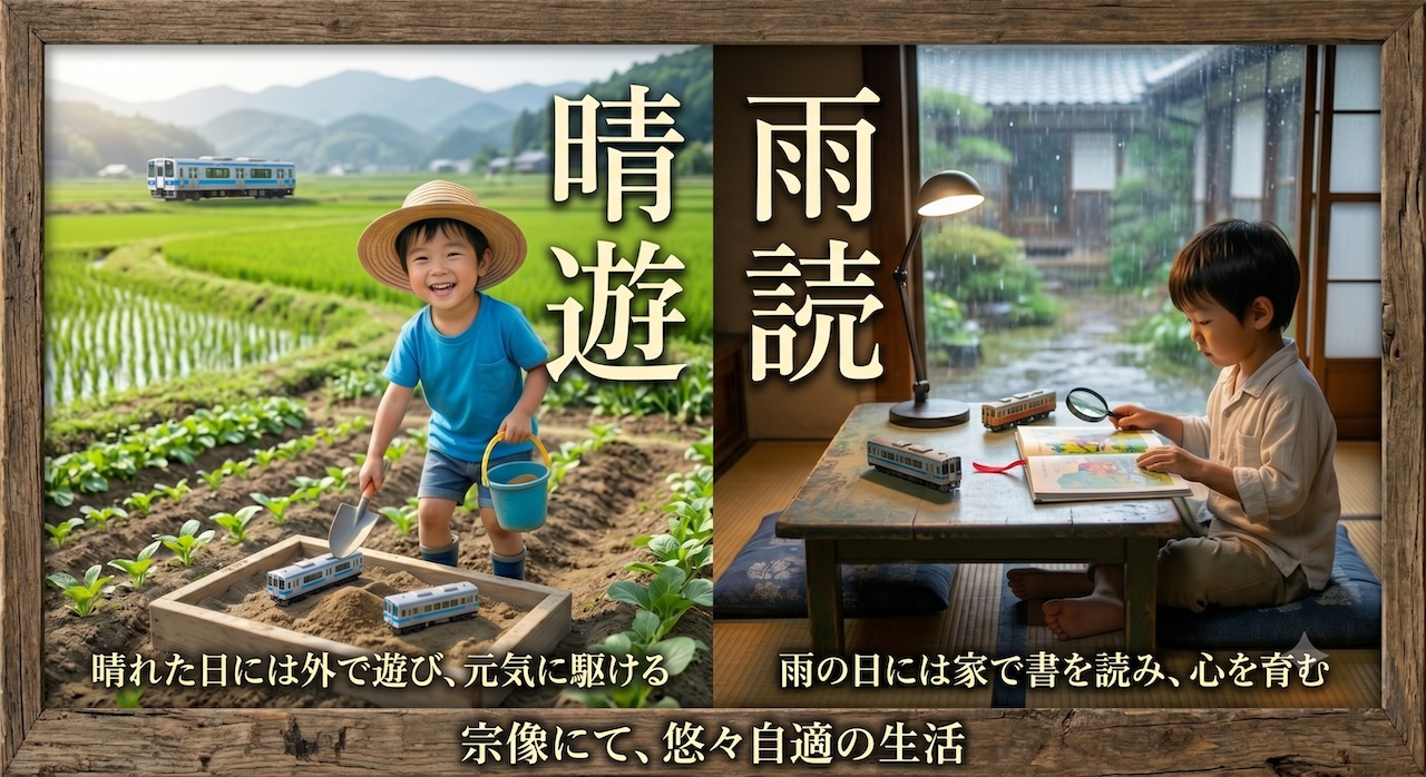 晴れた日は外で遊び、雨の日は家で本を読む暮らしを表現した宗像のイメージ画像