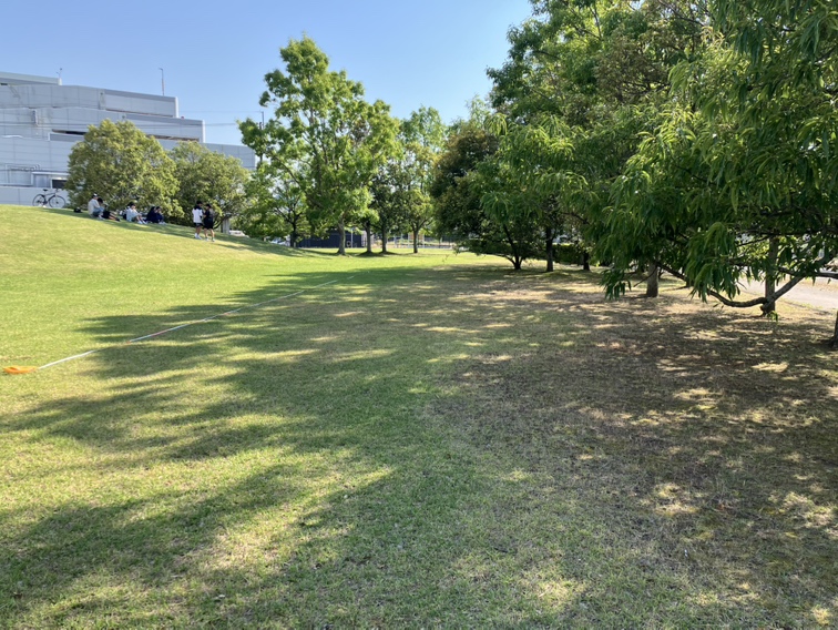 築山公園の木陰エリア。緑豊かな木々が日差しを遮り、ゆったりと過ごせる空間が広がっている。MUNAKANPAIでは木陰でお酒を楽しめる。