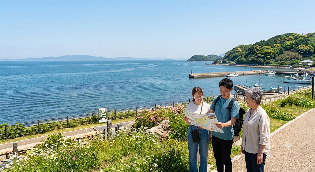 海沿いの港町で地図を見ながら観光客を案内するガイドと参加者/AIイメージ