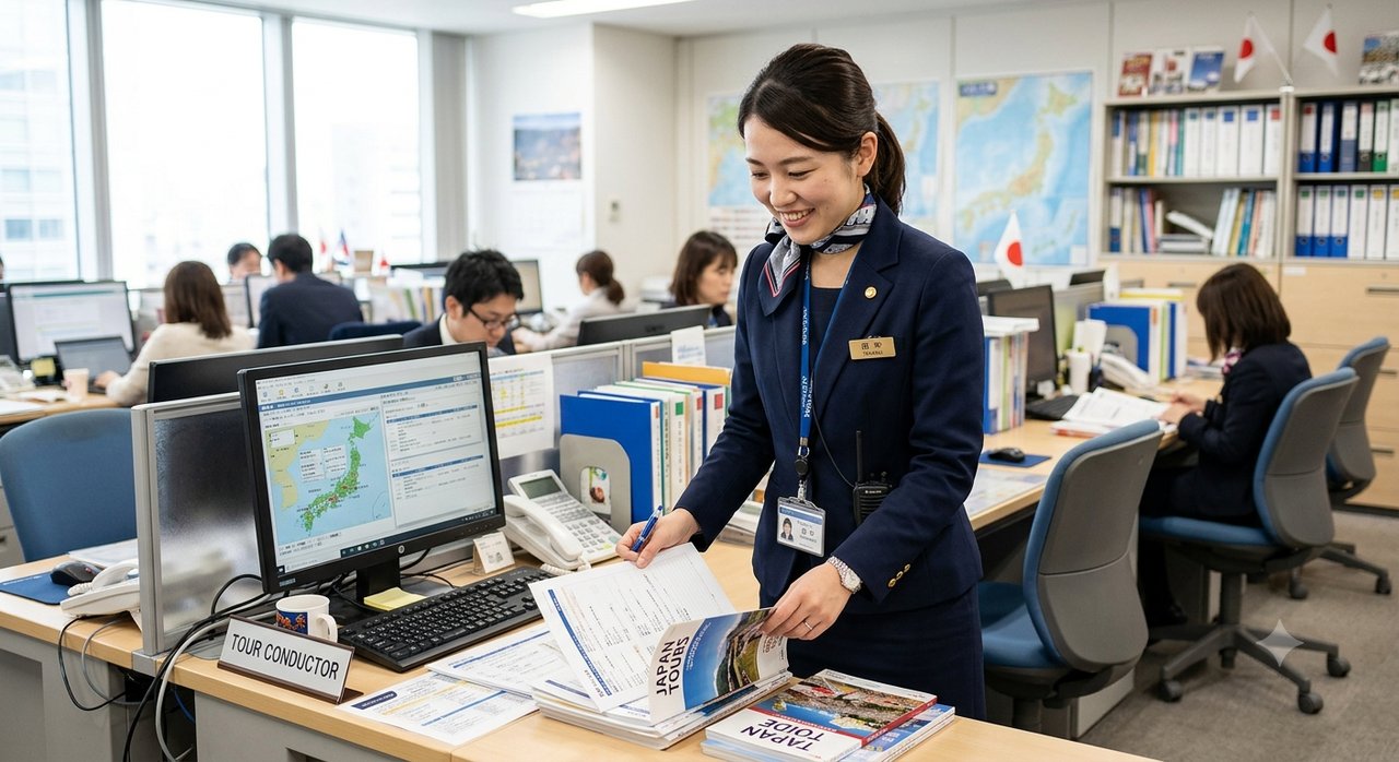 旅行会社オフィスでツアーパンフレットを確認する女性スタッフ/AIイメージ