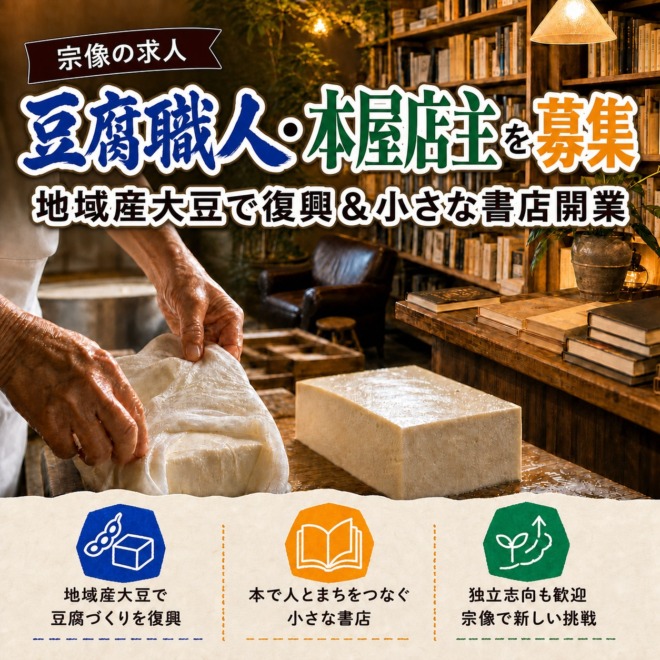 宗像で豆腐職人・本屋店主を募集|地域産大豆で復興&小さな書店開業