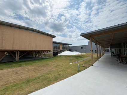 木造の高床式建物と芝生広場が広がるMu-Moの外観風景