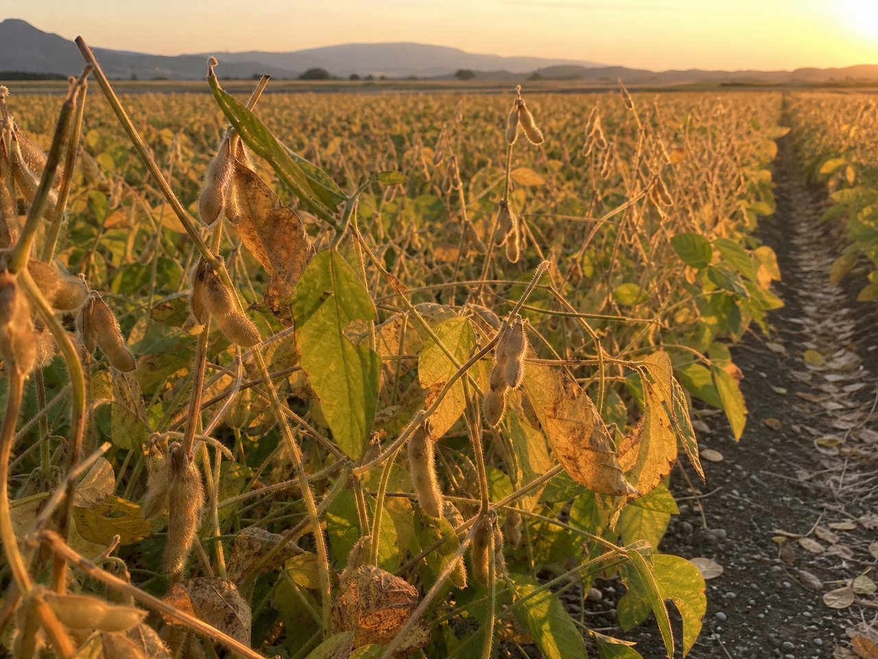 収穫期を迎えた大豆畑のクローズアップ、黄色く色づいた葉とさやが夕陽に照らされている