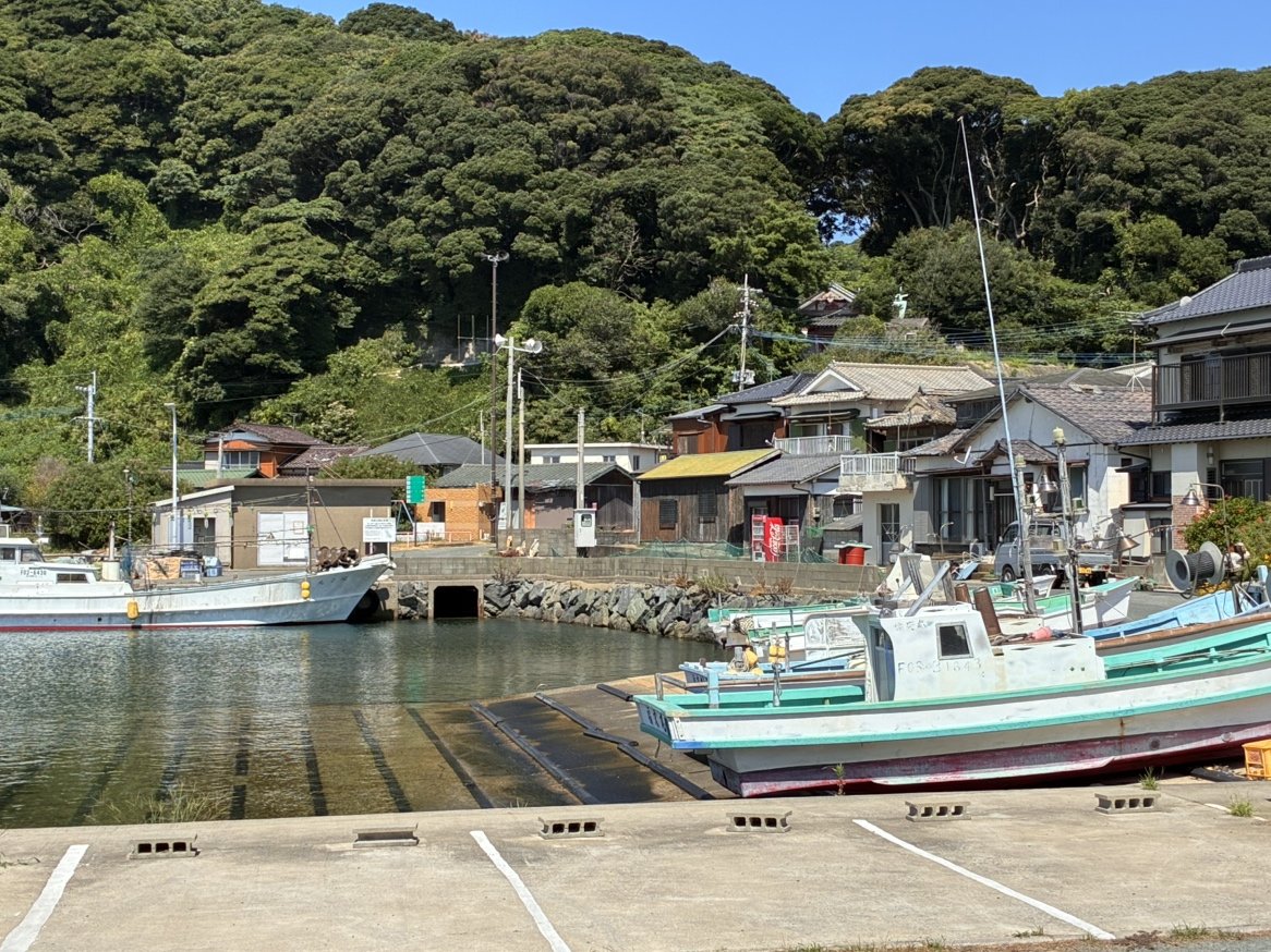 漁船が係留された港と背後に広がる緑の山と民家の集落