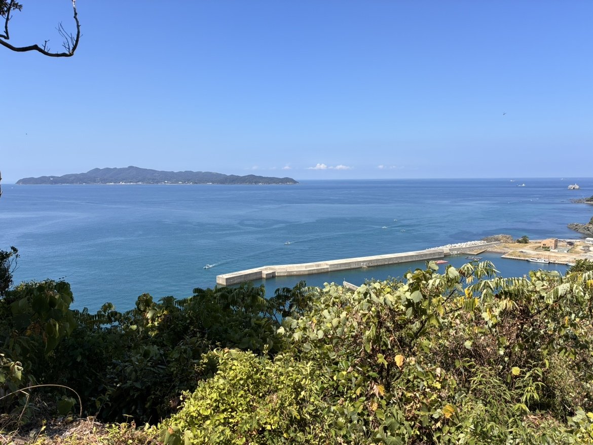 高台から見下ろす地島の防波堤と青い海、遠くに見える島影