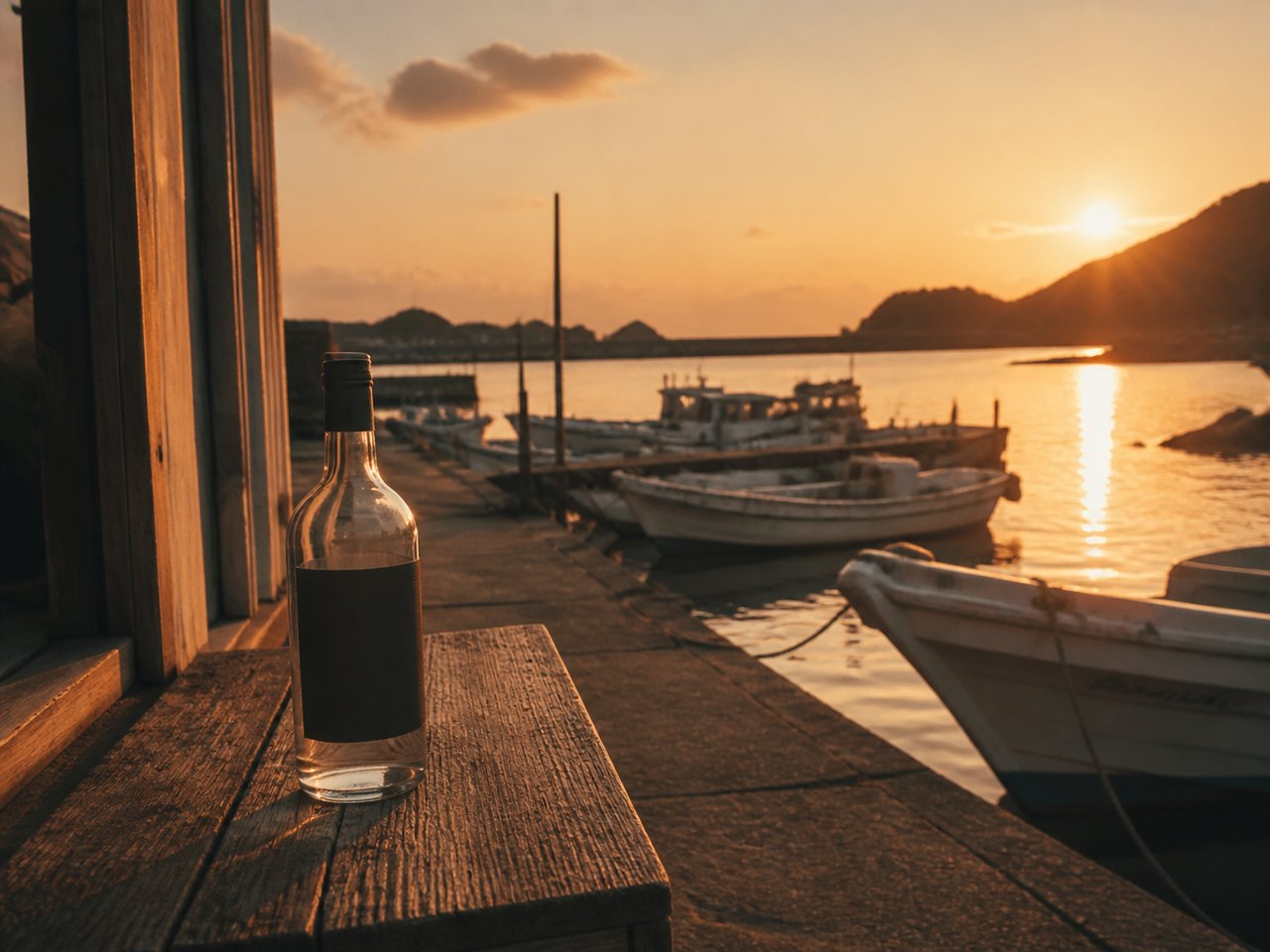 夕日に染まる地島の港と木製ベンチに置かれた焼酎ボトル