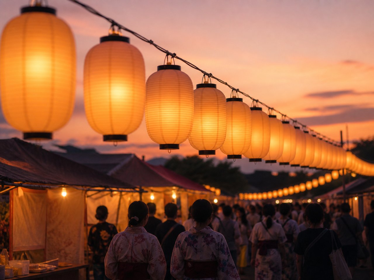 提灯が連なる夕暮れの夏祭り会場と浴衣姿の来場者たち