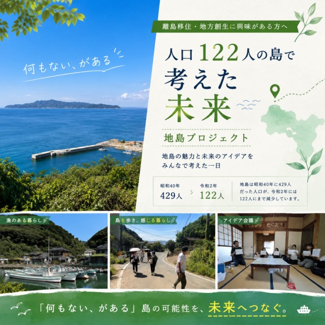 福岡県宗像市・地島の青い海と漁港、島を歩く様子、和室でのアイデア会議を組み合わせ、人口122人の島の未来を考える「地島プロジェクト」を紹介したアイキャッチ画像。