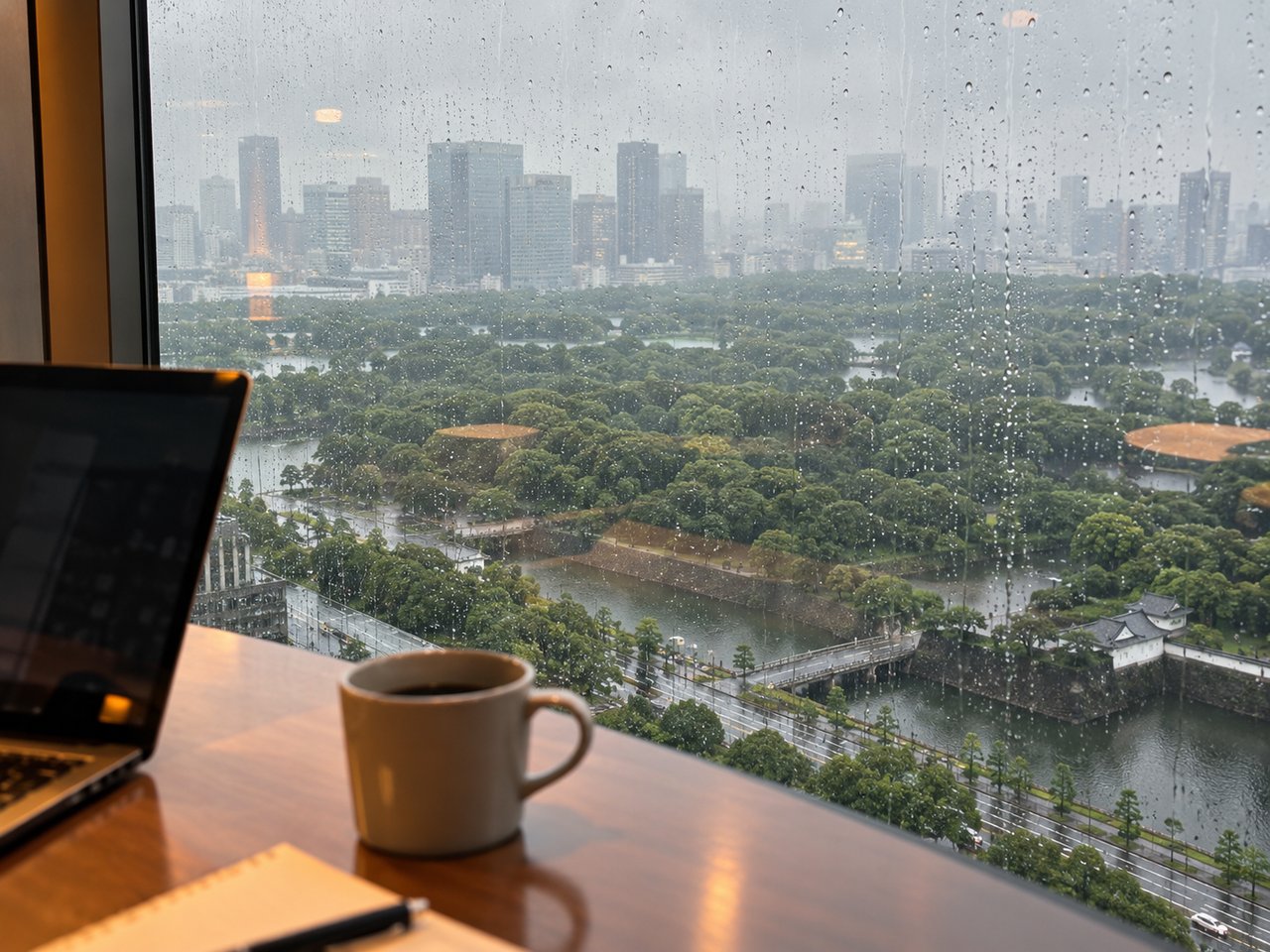 雨粒のついた窓越しに皇居の緑地と東京のビル群を望むデスクからの眺め