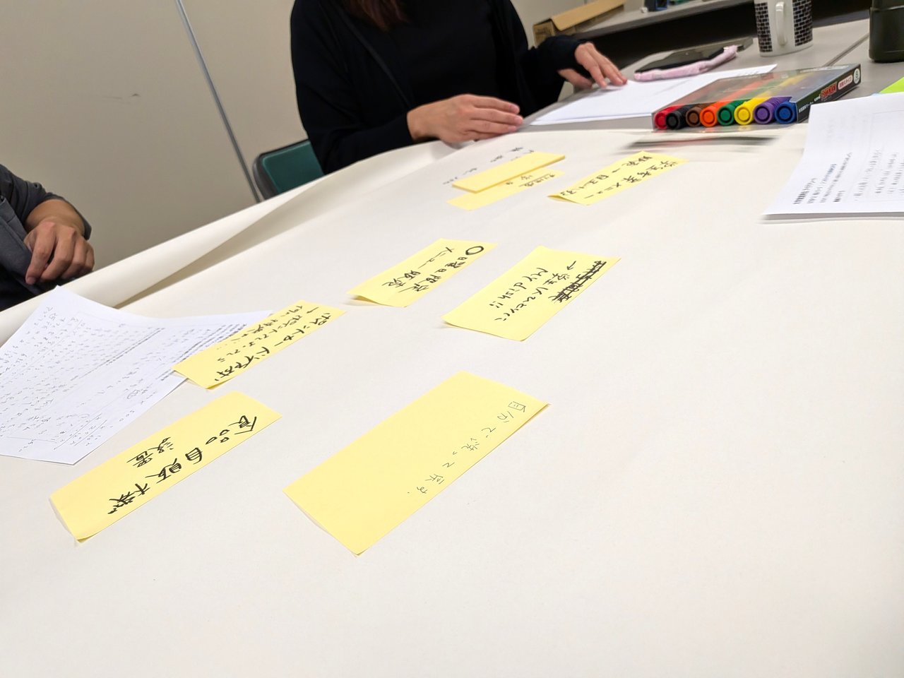 会議テーブルに並べられた黄色い付箋とカラーペン、資料を確認する参加者の手元